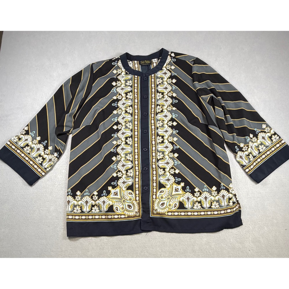 Bob Mackie Wearable Art Womens 1X Blouse Black Paisley Stripe Button Front Top